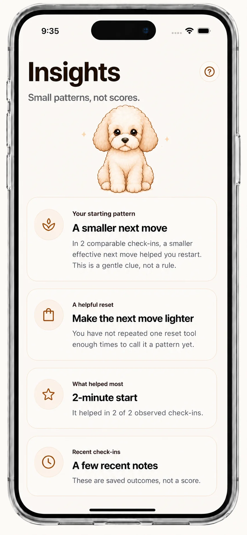 Insights screen with synthetic starting patterns
